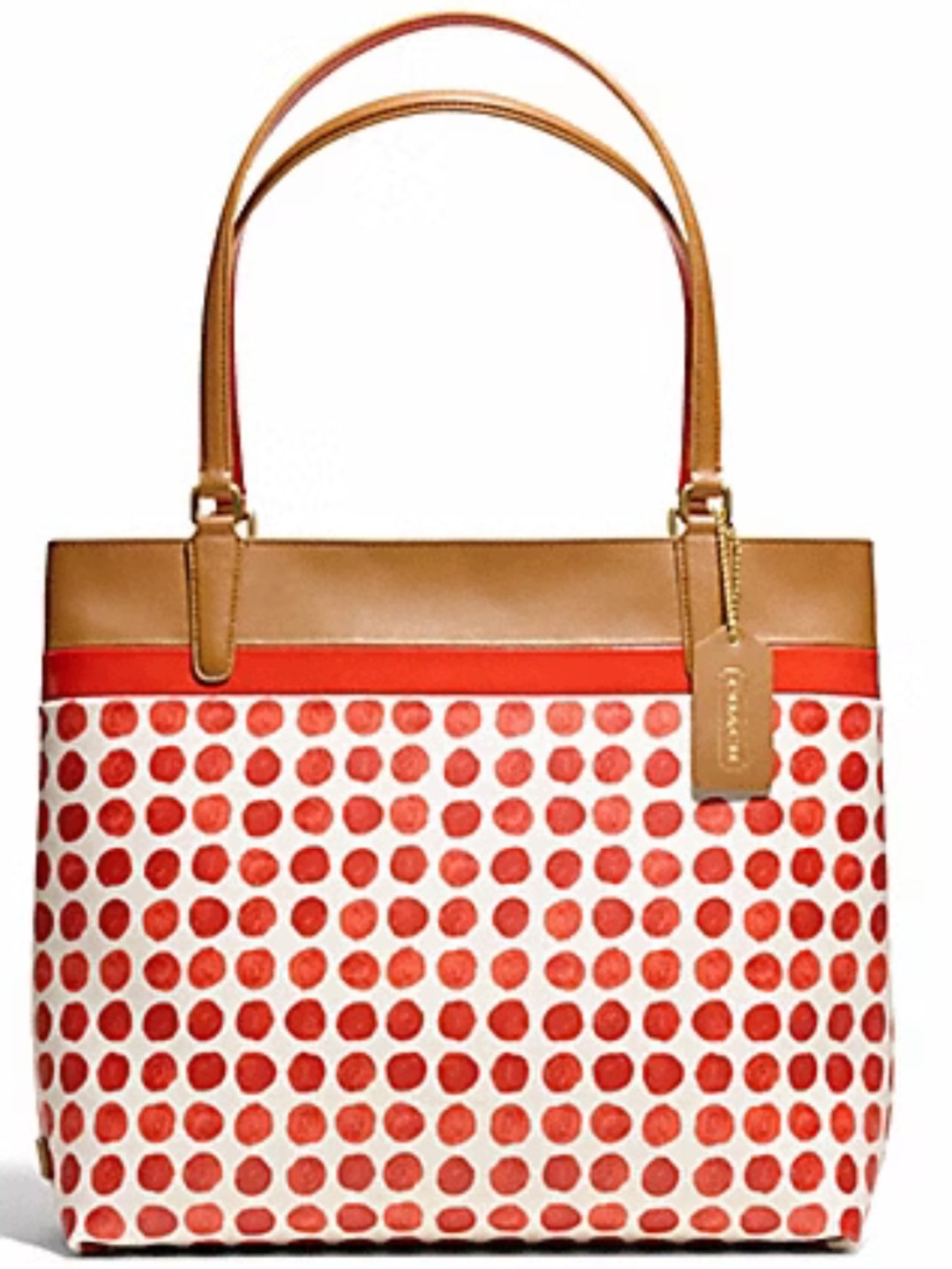 Coach Vintage Polka Dot Dark Red White Tote w/ Brown Leather Trim